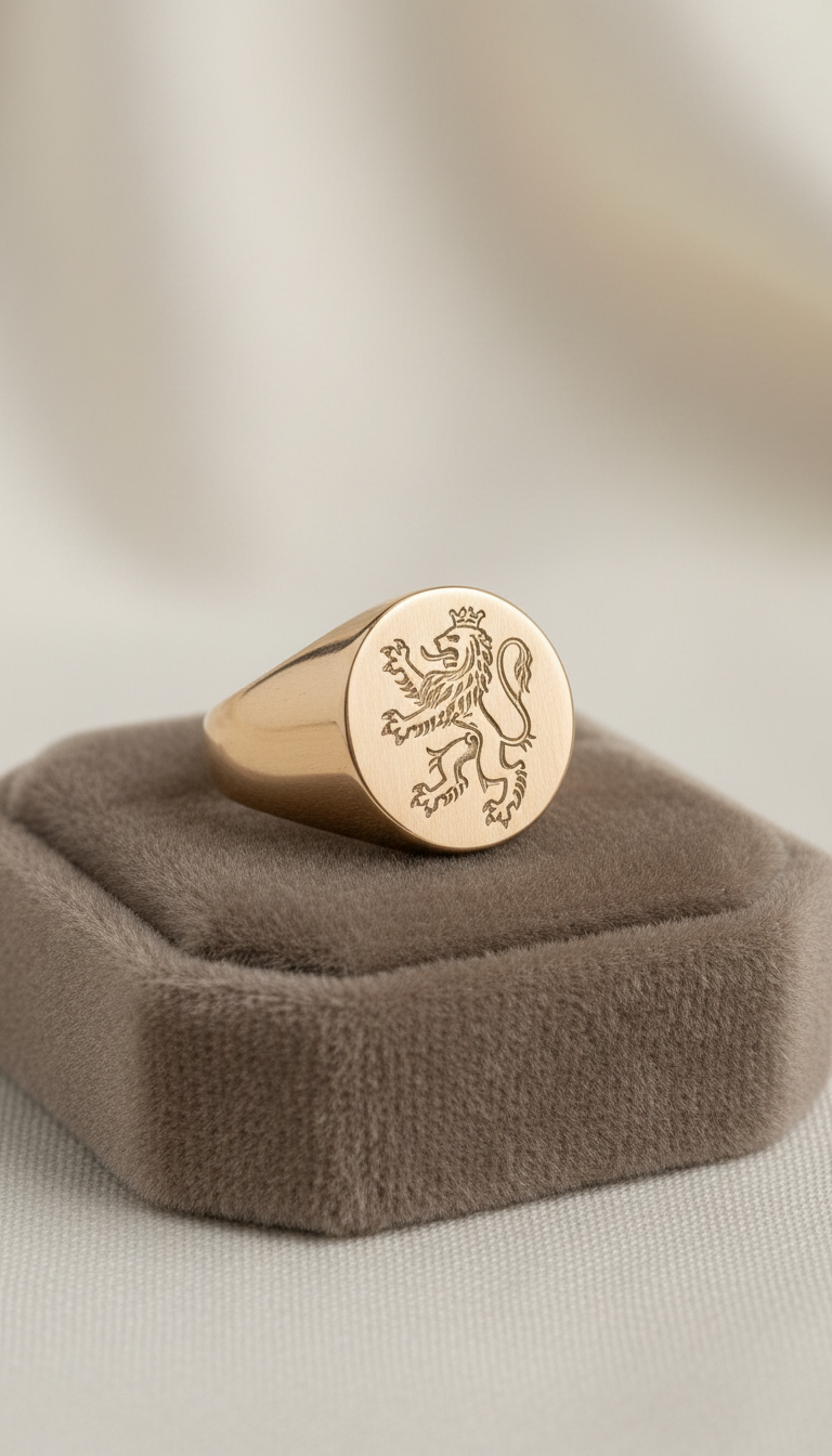 Champagne Gold Signet Ring with Hand-Engraved Crest